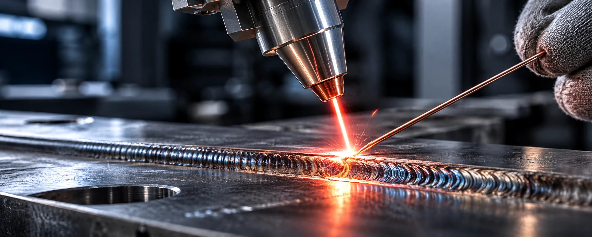 Visualisierung eines Laserschweissprozesses mit verkupfertem Zusatzdraht und präziser Schweissnaht